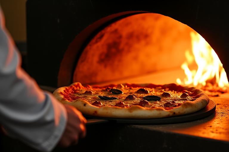 Il pizzaiolo mette una pizza nel forno a legna